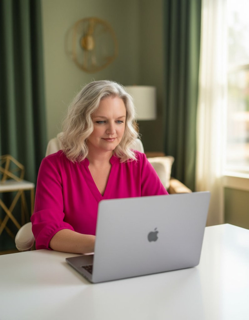 Custom AI system builds for small business Karrie Christen building a custom AI system on her laptop in a warm editorial office setting