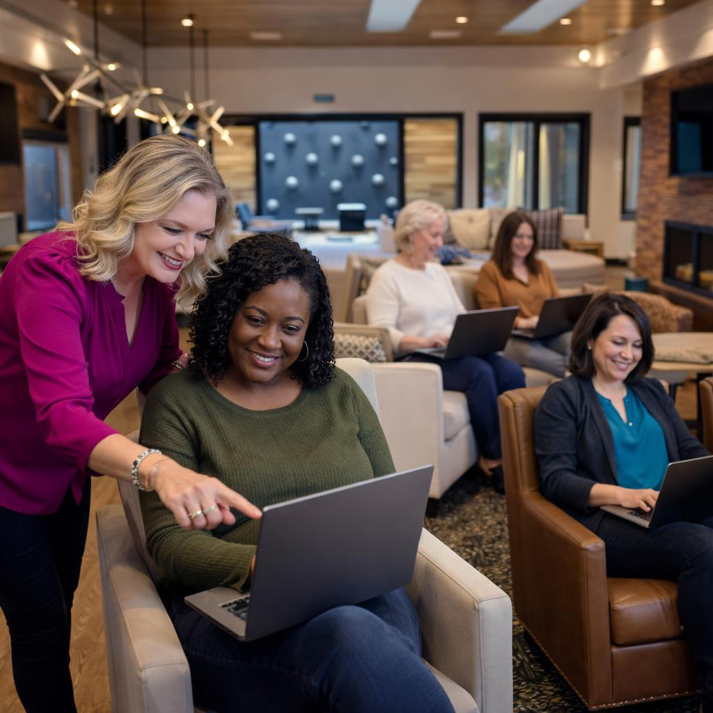 Unleash Your Visibility: Your twin built, filmed, and ready Karrie Christen coaching a woman on her laptop at the Unleash Your Visibility workshop with other women working in the background